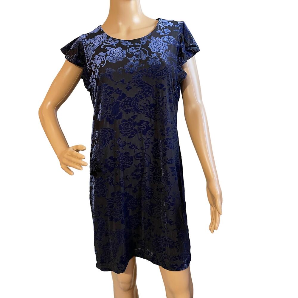 Adrienne Vittadini Mini Dress‎ Black with Blue Velvet Burnout Pattern Size Small